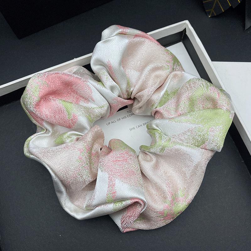Elegant French Rose Tencel Jacquard Scrunchie - High-End Elastic Hair Tie