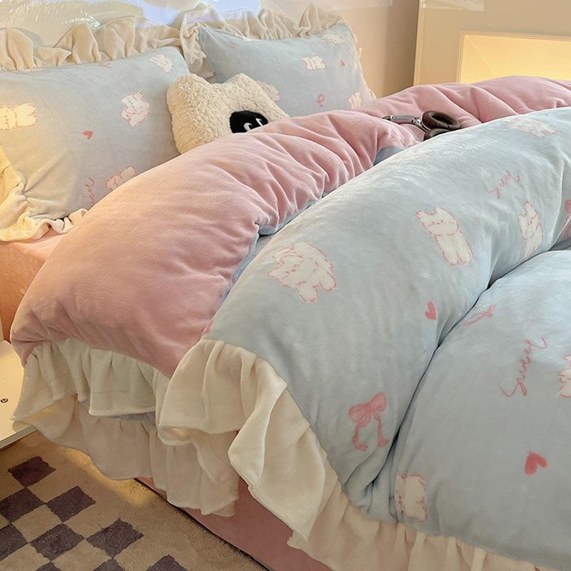 Thickened Milk Fleece Four-Piece Set, Fleece Quilt Cover, Bedding, Coral Flannel Bed Sheet Three-Piece Set