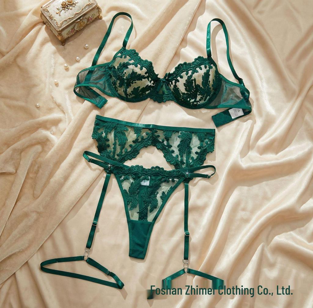 Three-Piece Lace Embroidered Mesh Lingerie Set