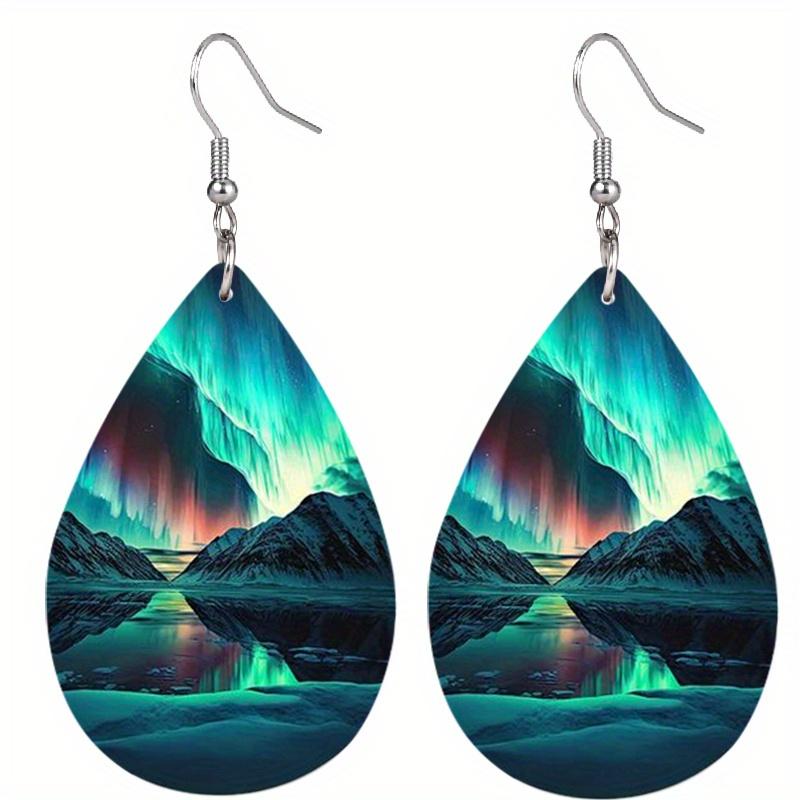 Boho Style Aurora Borealis Teardrop Earrings, Blue-Green PU Leather Earrings, Fashion Earrings, Elegant Earrings Party Earrings