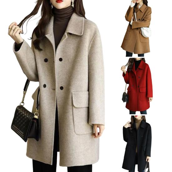 Damen-Mantel, einfarbig, mittellanger Reverskragen mit Knöpfen, locker sitzend, warm, Polyester, Winter, warm, Damen-Zweireiher-Mantel für Damen