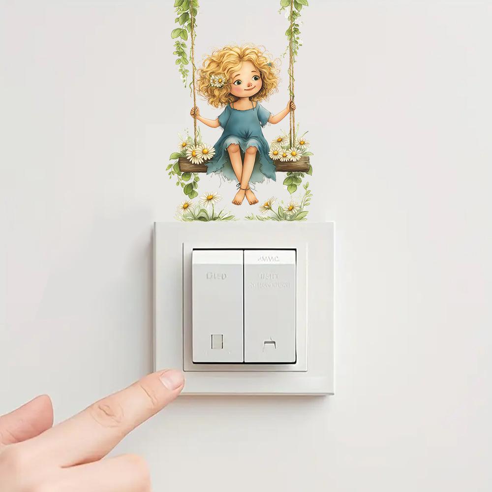 Cartoon Girl On Daisy Swing Switch Plate Cover Wall Sticker Cute Bedroom Living Room Decor Self-Adhesive Removable