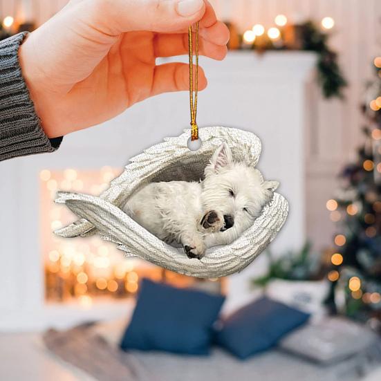 Dog Sleeping In Angel Wings Ornament 2D Flat Car Rear View Mirror Hanging Charm Pet Memorial Keepsake for Christmas Tree Car Interior Accessories