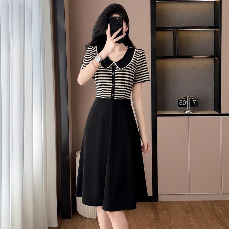 Plus Size Striped Patchwork Faux Two-Piece Slimming Short-Sleeve Summer Dress - Chic & Fashionable New Arrival