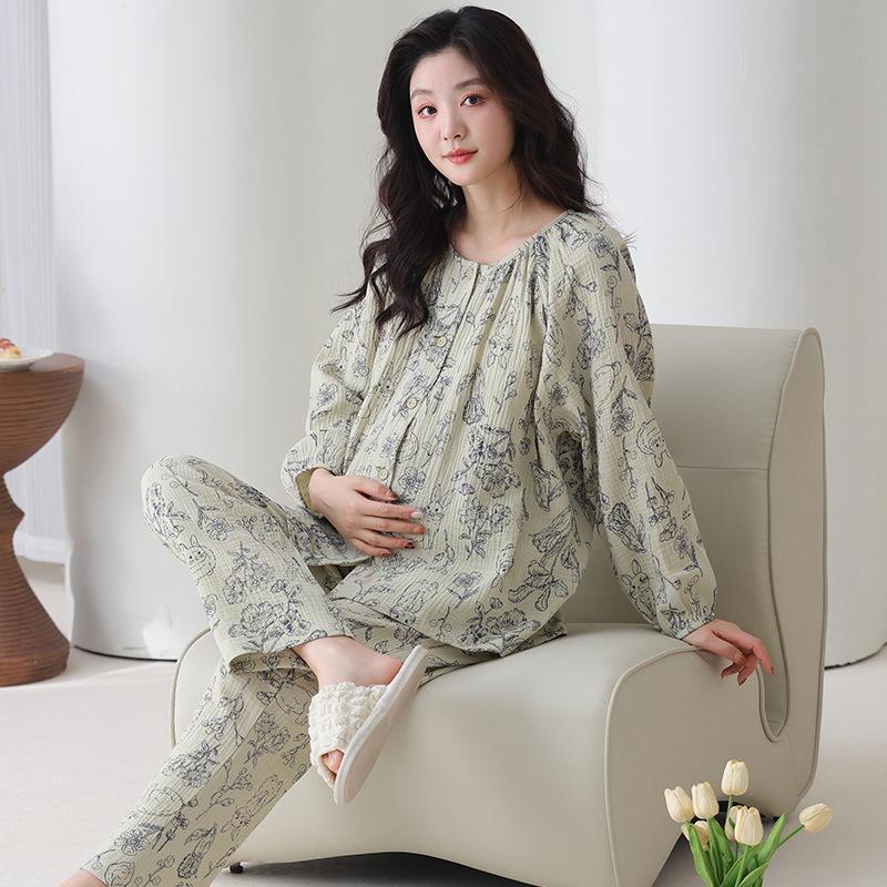 

Пижама для беременных из чистого хлопка класса А с антибактериальным эффектом и вкладышами для груди - Женская с длинным рукавом большого размера послеродовая одежда для кормления (Осень/Весна) M