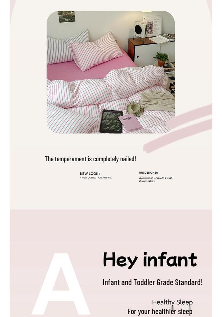 Pure Cotton Four-Piece Bedding Set: Striped Duvet Cover, Bed Sheet for Dorms, A-Class Washed Cotton, Perfect for All Seasons.
