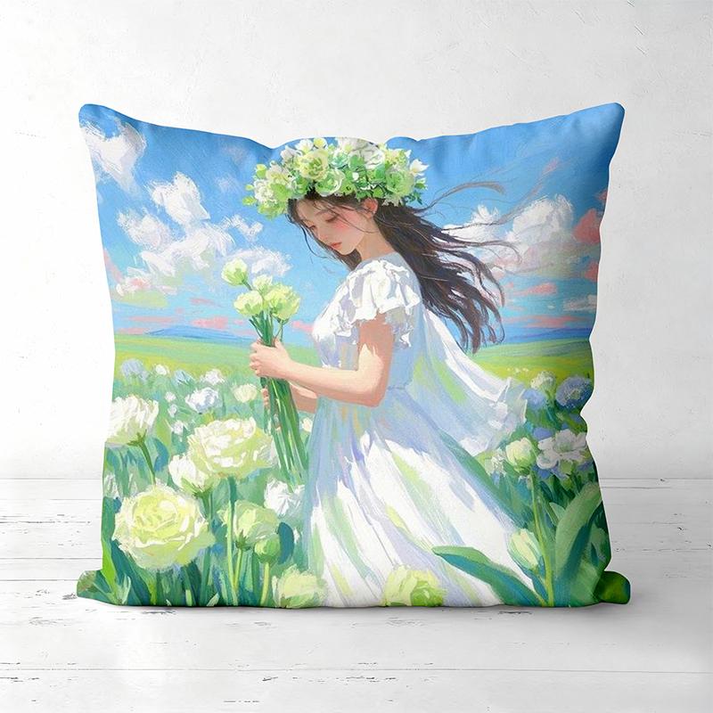 Four Pillow Covers With Girl And Flower Pattern Polyester Pillowcase, Sofa Decorative Cushion Cov Headboard Pillow