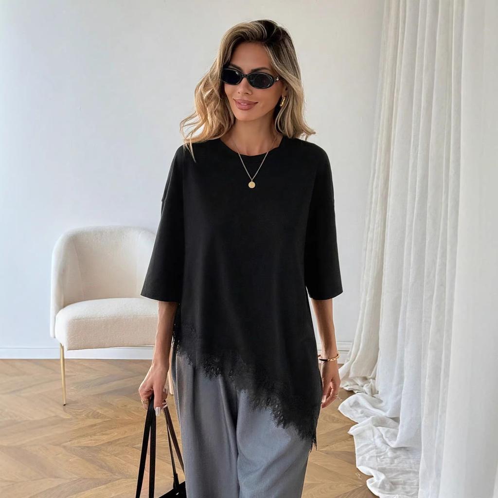Women White Oversized T-Shirt with Lace Trim Asymmetric Hem