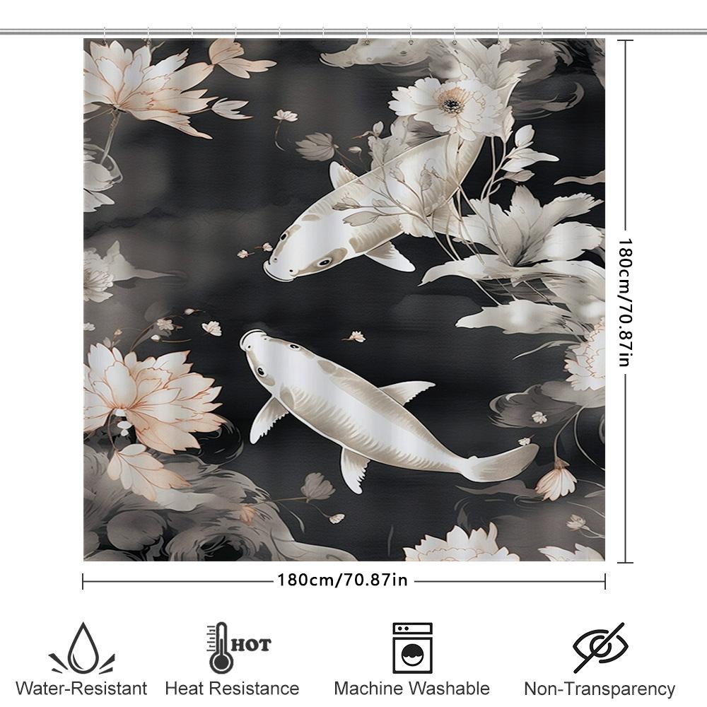 Luxurious Bath Curtains Decorative White Lotus Fish Printed Shower Curtain Waterproof Fabric Home Decoration Bathroom Accessorie