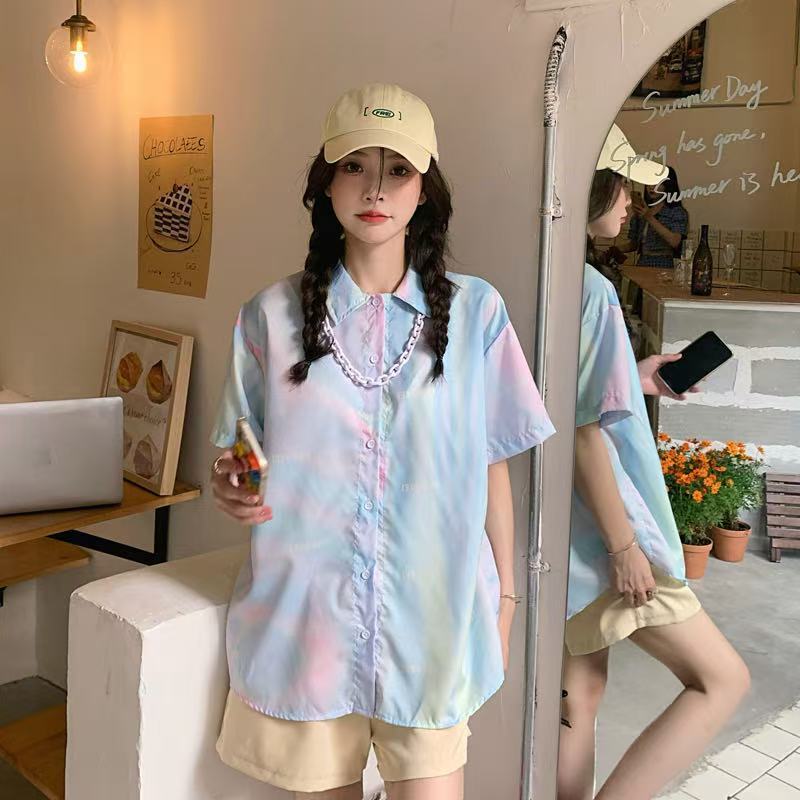 Women's Colorful Lapel Shirts Summer Short Sleeved Lady Single Breasted Shirt Female's Loose High Street Style Clothing