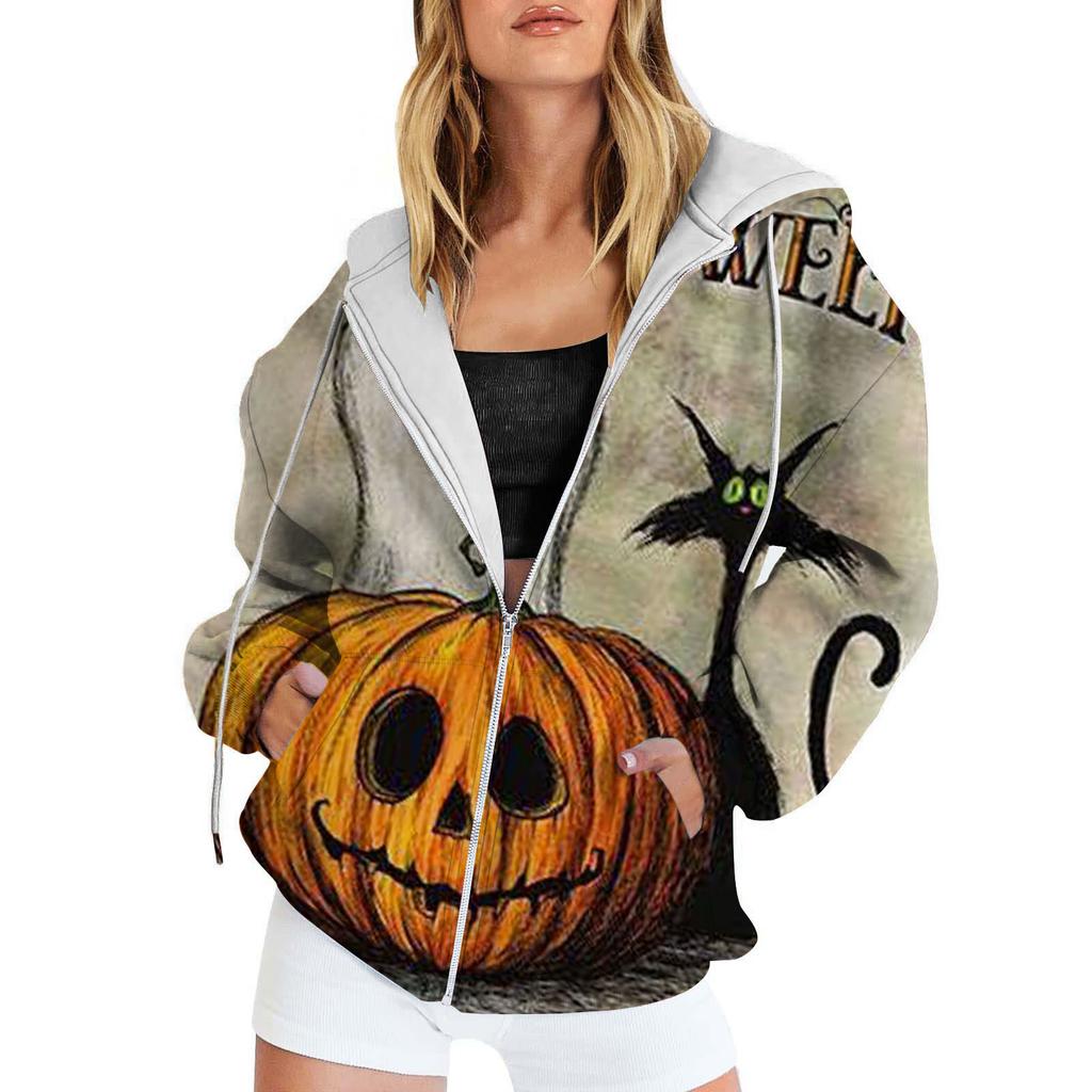 Vintage Printed Hooded Sweatshirt Sportwear Coat for Women 3D Pocket Hoodies Autumn Women's Button Down Jacket