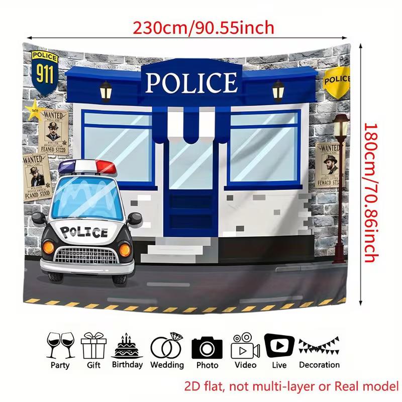 2D Cartoon Police Station Backdrop with Police Car & Wanted Posters