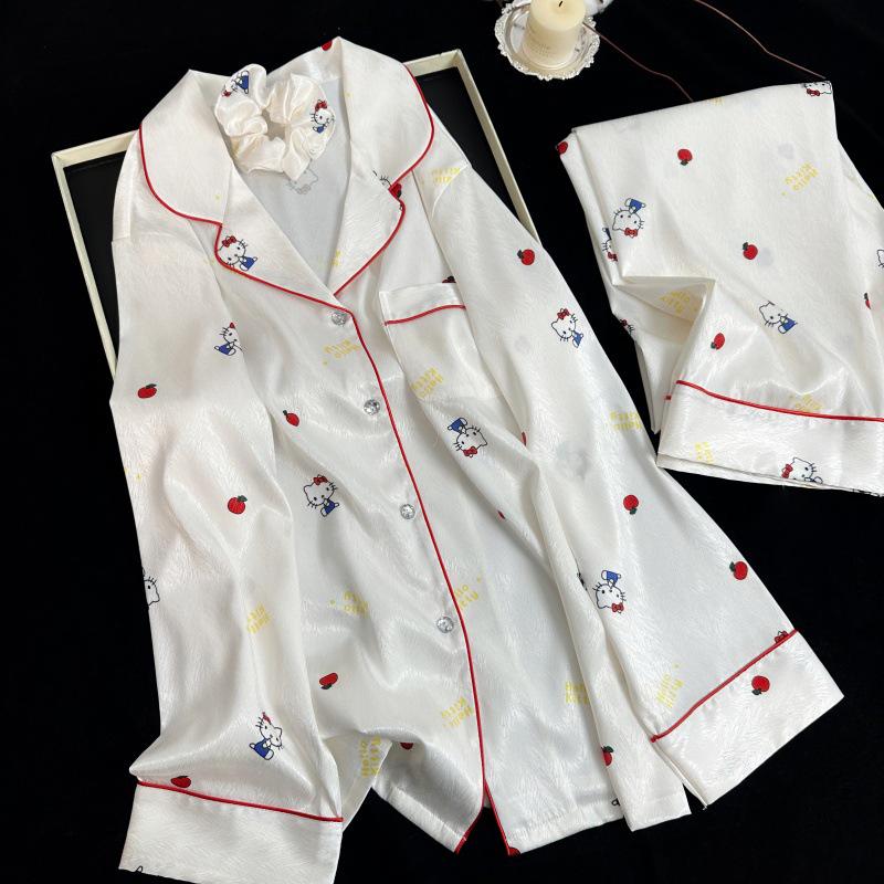 

Yase Little Apple Meow Ice Silk Women s Pajama Set – Cute Cartoon Print, Long Sleeve & Pants, Spring/Autumn. L
