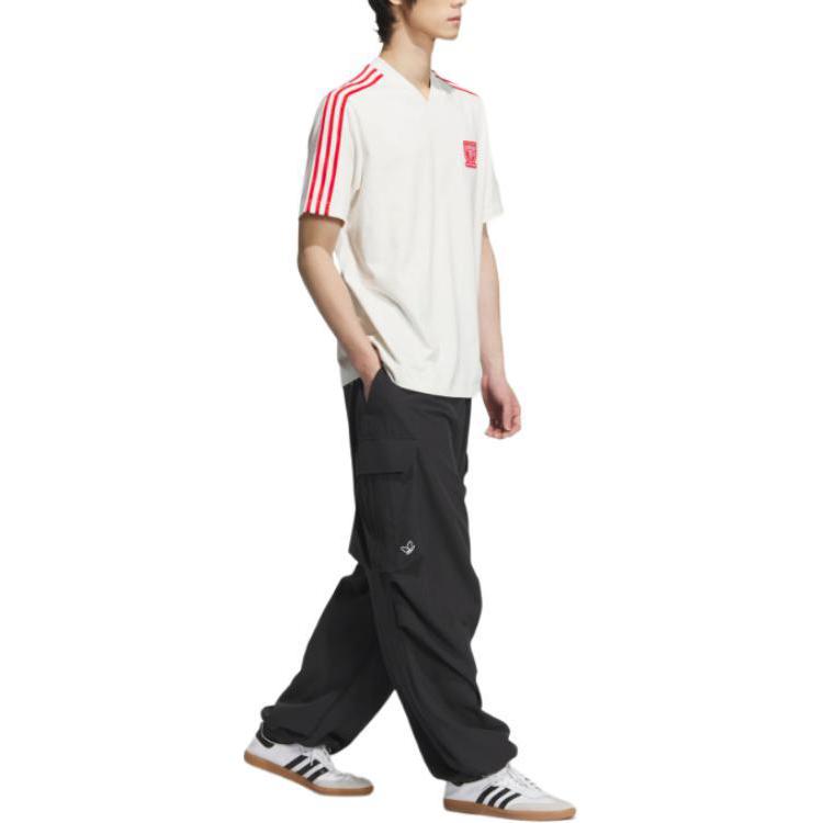 adidas Originals Graphic T-Shirt Logo Striped Print V-Neck Short Sleeve Men T-Shirts White JD3259