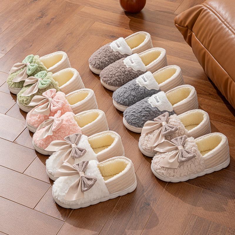 Cotton Slippers Winter Bag Heel Indoor Home Home Bow People Warm and Plush Household Fluffy Slippers Shoes