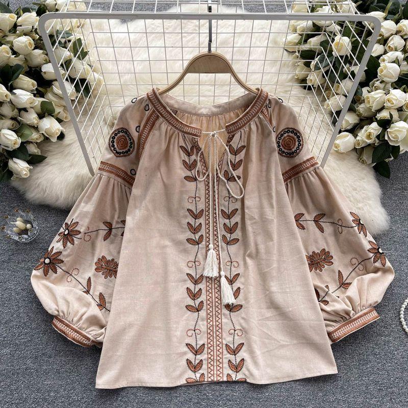 

Heavy Industry Ethnic Style Tassel Long Sleeves Loose Lace-up Embroider Khaki All yards