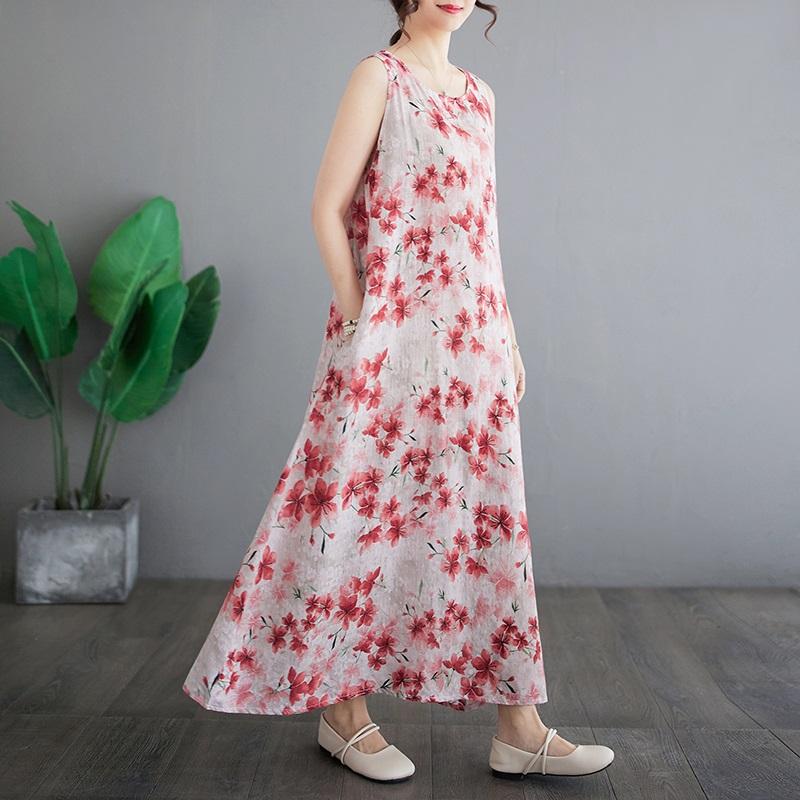 Sleeveless Plus Size Cotton Vintage Floral New In Dresses for Women Casual Loose Long Summer Dress