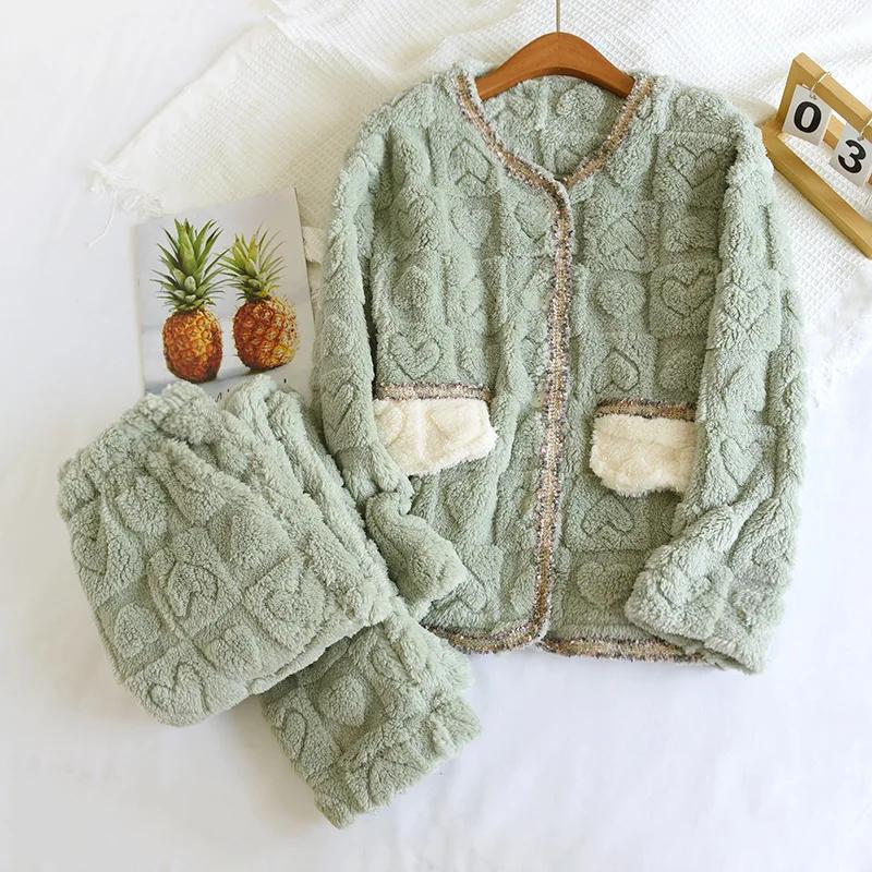 Novo Conjunto de Pijama de Lã Coral de Inverno para Mulheres Espessado Lã Plus Size Feminino Botão Sólido Gola Redonda Casa Pijama de Pelo
