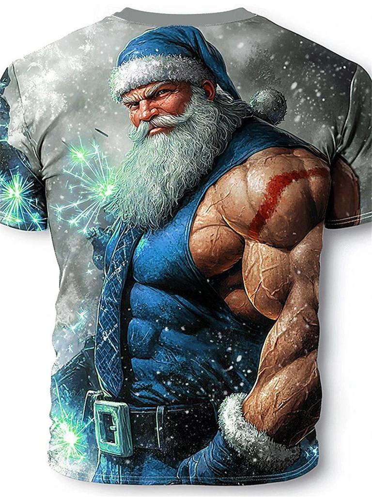 Retro Men's T-shirt 3D Print Funny Muscle Santa Claus T Shirts Men's Fashion Casual Round Neck Short Sleeve New Year Party Tops