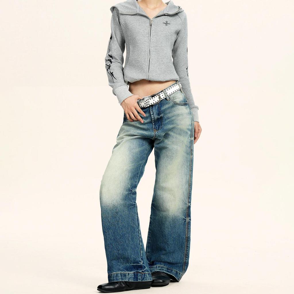 Yongfang American Retro Deep Blue Jeans: Unisex Casual Loose Fit, Cat Whiskers Design, Wide Leg, Straight Long Pants.