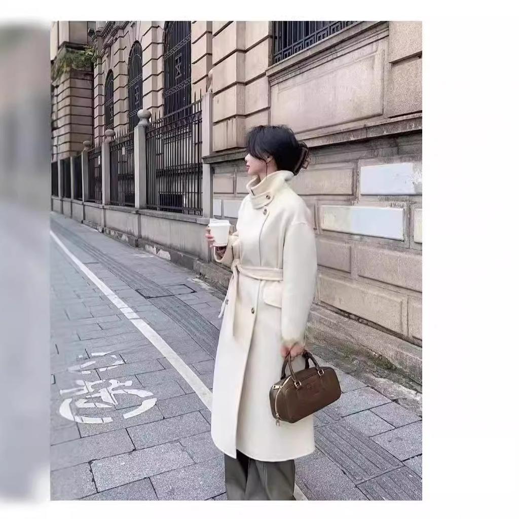 Autumn and Winter Temperament Department Stand-up Collar Medium and Long High-end Woolen Coat Women