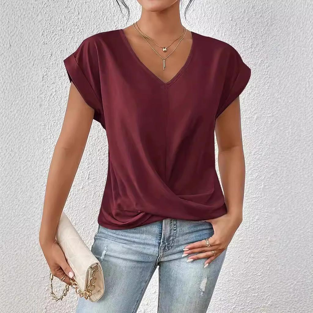 Elegant Short Sleeved Top for Spring and Summer Solid Color V-neck Women's T-shirts