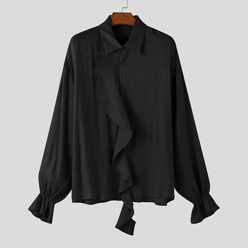 

INCERUN Men Long Sleeve Lapel Neck Ruffled Patchwork Casual Buttons Shirts S