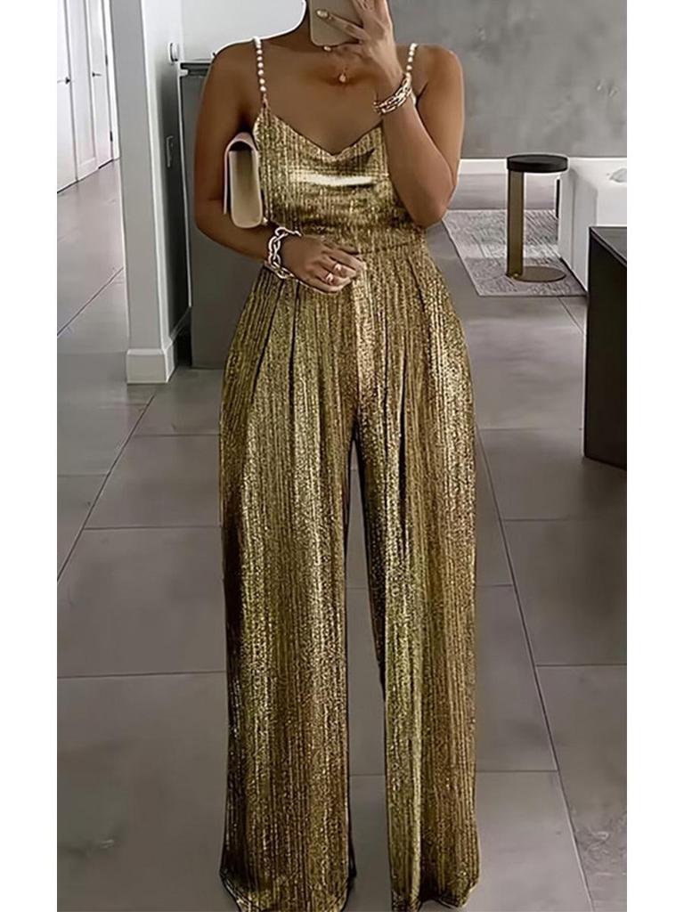 Macacão Elegante Feminino 2025 Primavera/Verão com Alças Finas de Miçangas, Cintura Marcada e Calças Pantalona