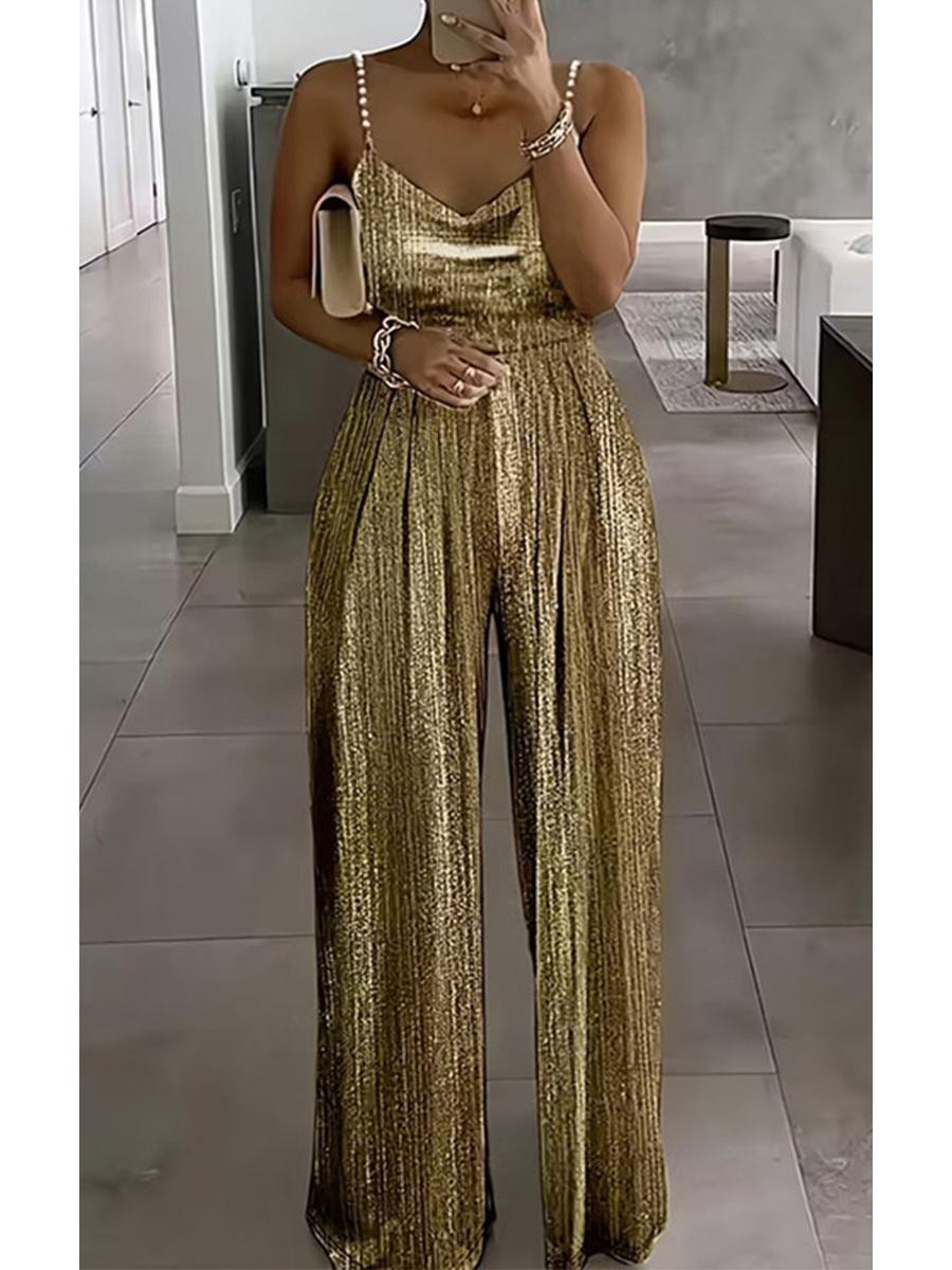 2025 Spring/Summer Women s Fashion Beaded Jumpsuit: European & American Style, Waist-Hugging, Elegant Spaghetti Strap with Wide-Leg Pants L золотой
