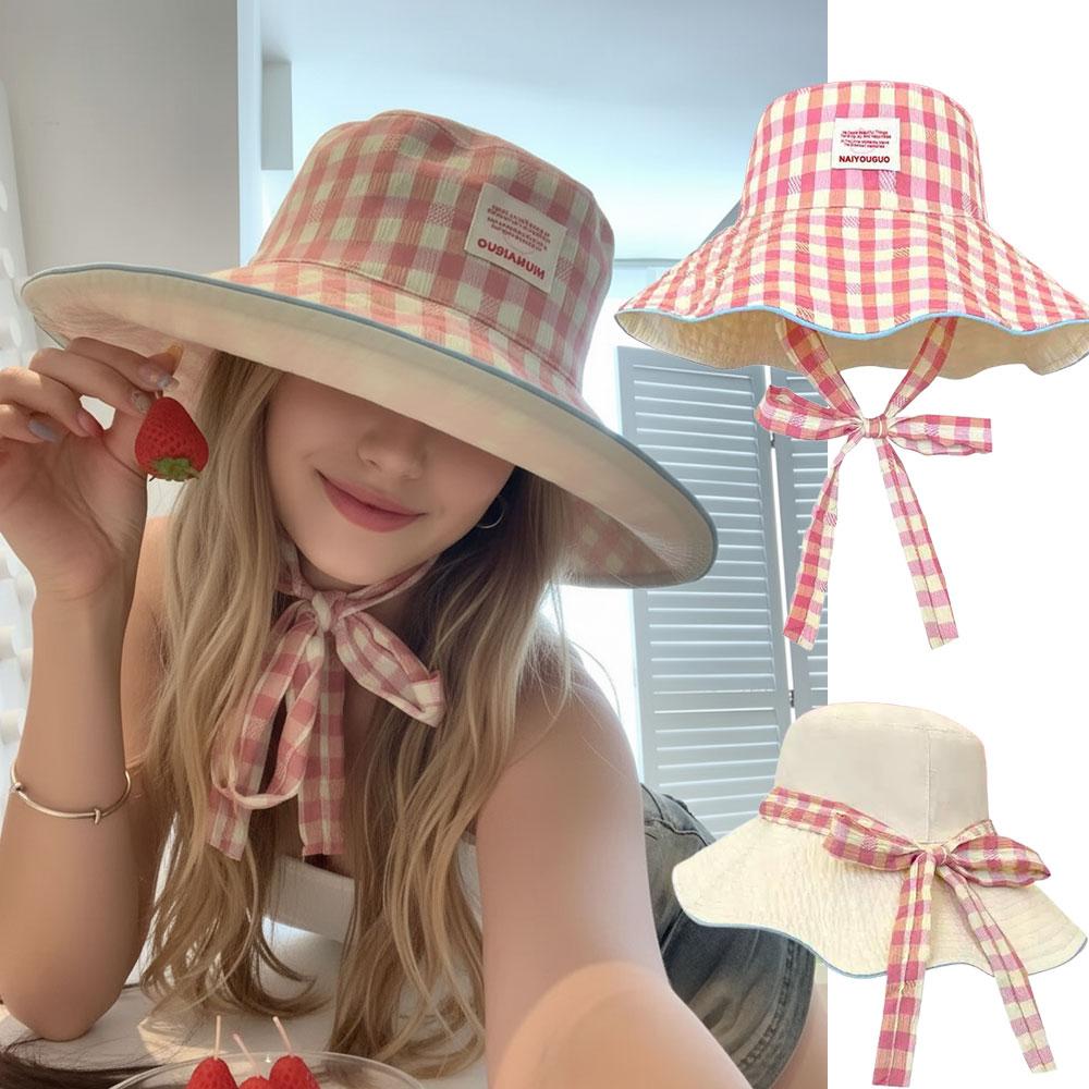 Plaid Fisherman's Hat Dual-Style Reversible Wear Wide Brim Sun Hats With Chin Strap Cute Pastel Plaid Beach Hat For Outdoor Trav