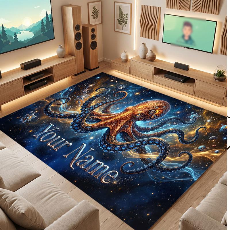 Octopus Sea Life Theme Crystal Velvet Floor Rug Personalized Custom Name Text Warm Carpet Home Decoration