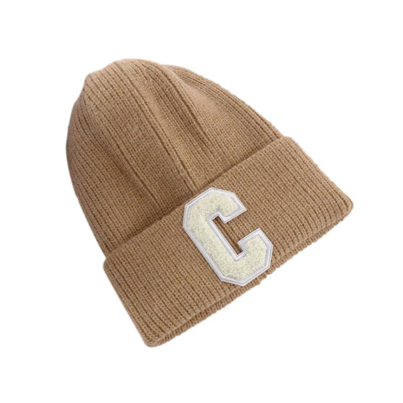 New Wool Hat Women's Autumn and Winter Warm Letter C Pullover Hat Student Solid Color Knitted Hat