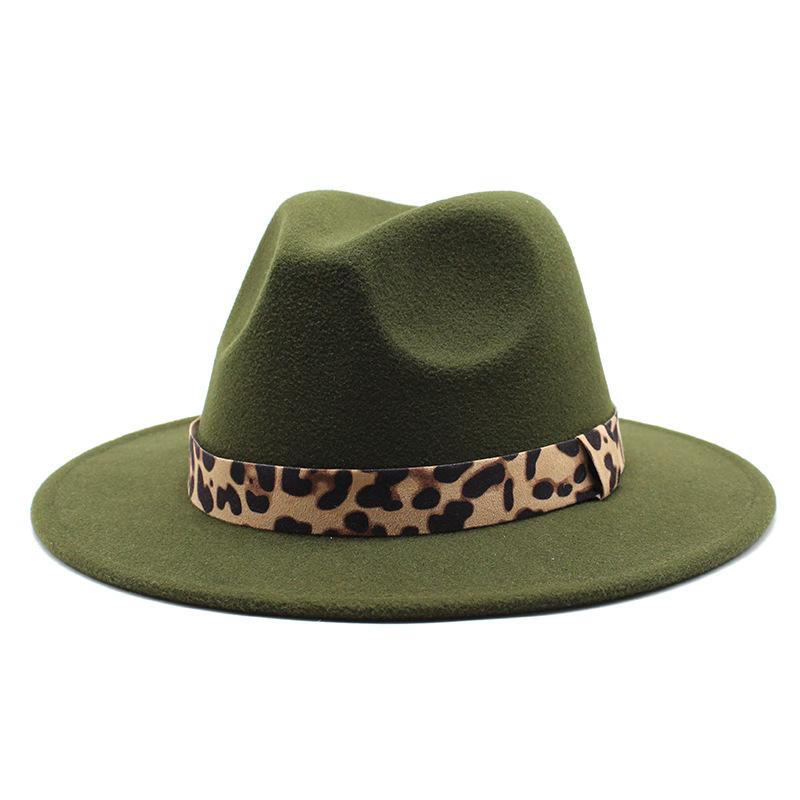 Woolen Top Hat Leopard Print Solid Color Hat Women'S Flat-Brimmed Big-Brimmed Jazz Hat 22 Colors