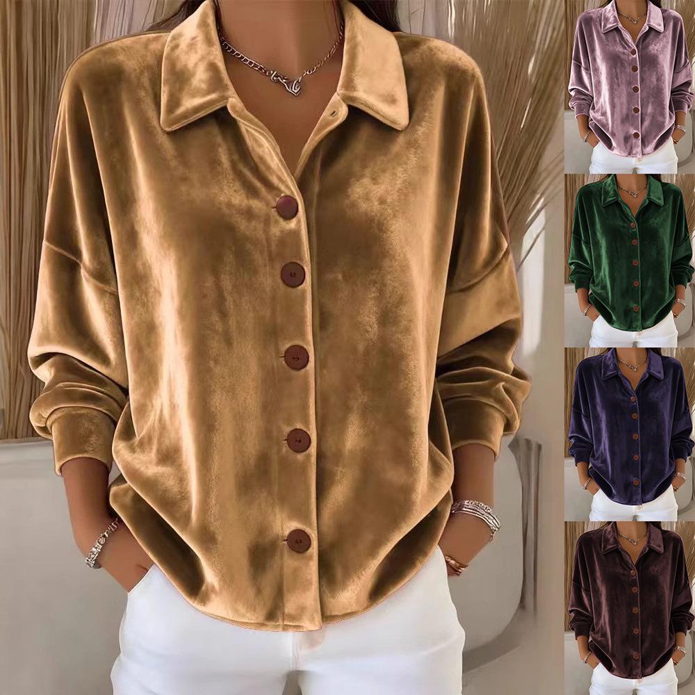 2025 New Women's Casual Long Sleeve Shirt Collar Cardigan Gold Velvet Multicolor Women's Top Shirt