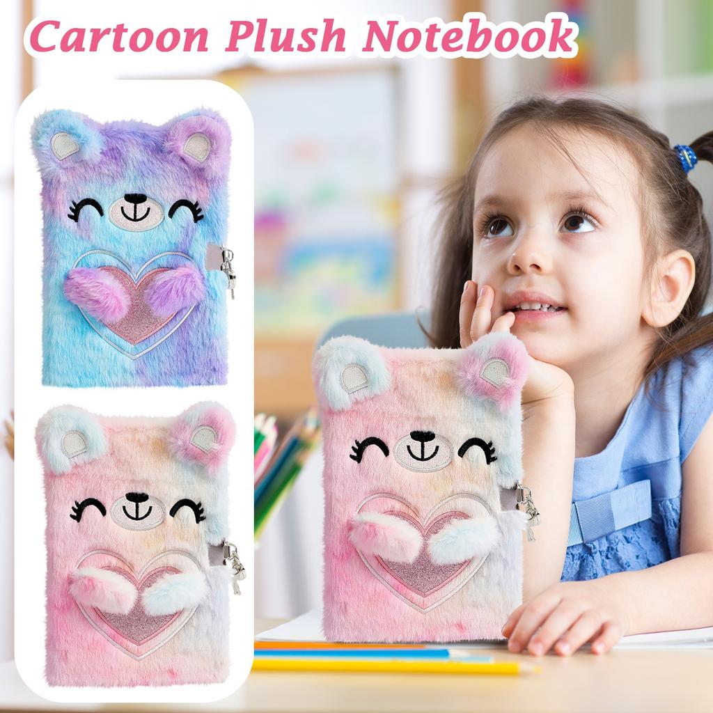 Cartoon Bear Plush Notebook With Lock Student A5 Diary Girl Handbook Girl Gift Book
