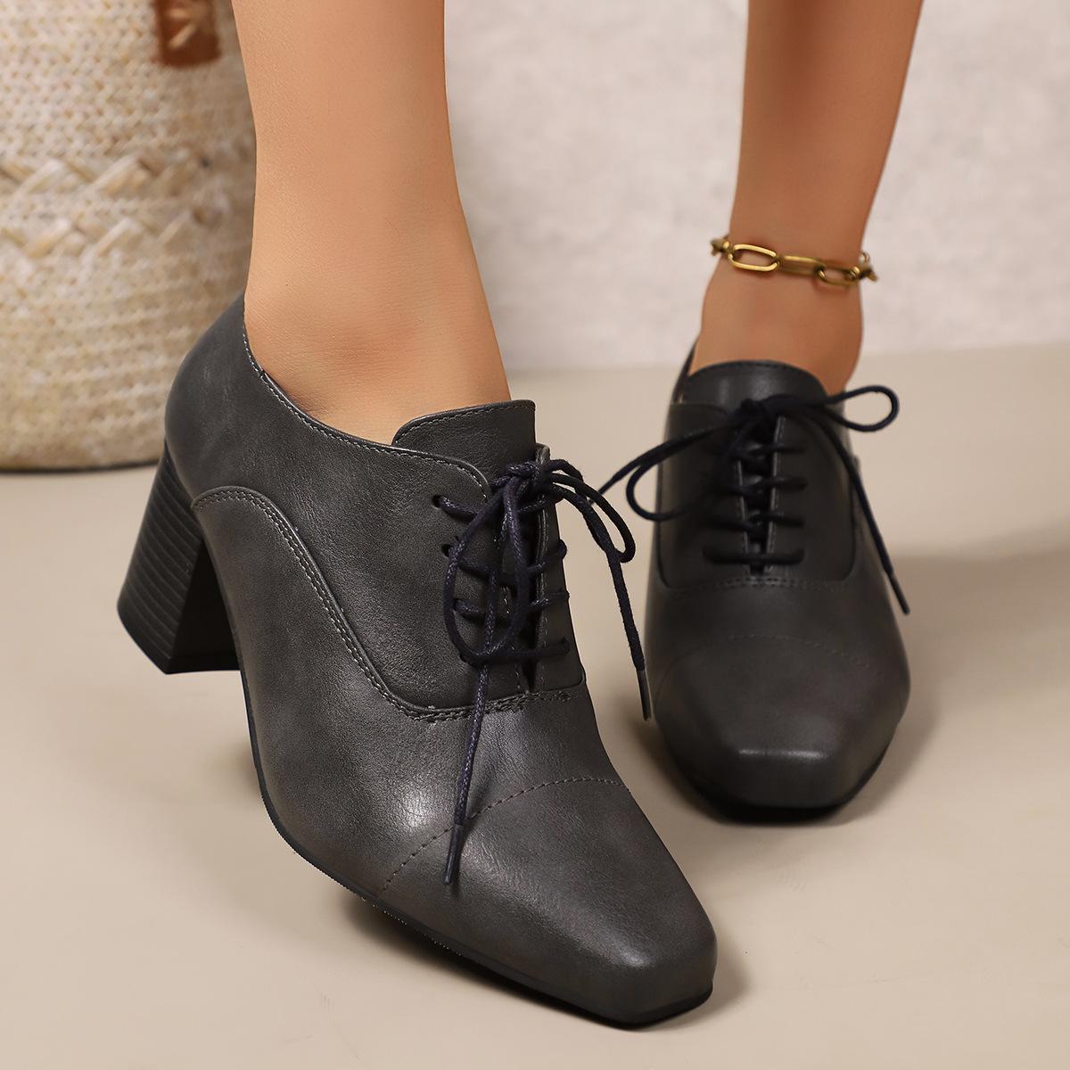 Винтажные кожаные туфли на высоком каблуке с квадратным носком на шнуровке для женщин Осень Большой размер 36-43 Туфли-лодочки на толстом каблуке Офисные леди 36 4190₽