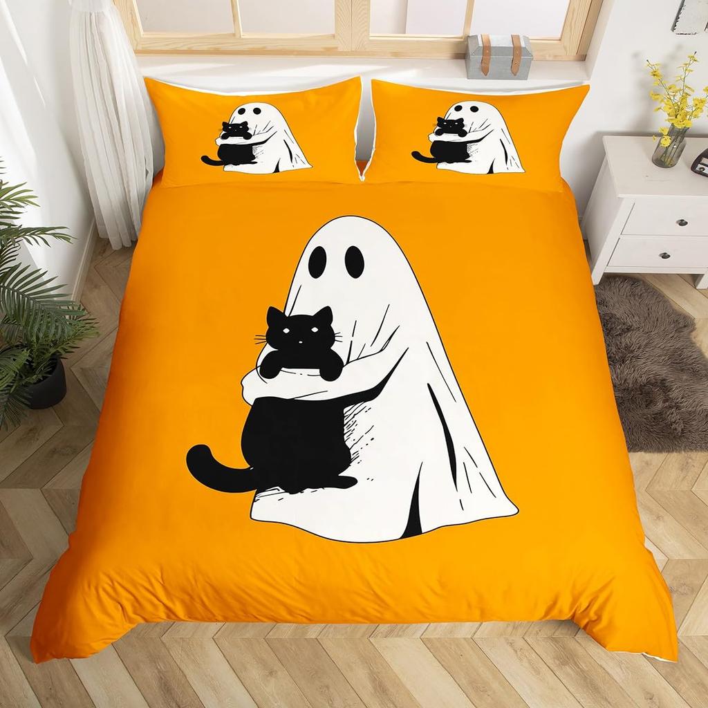 Cartoon Ghost Pink Duvet Cover Cute Black Cat Pet Animal Kitten Quilt Cover Happy Halloween Theme Bedding Set with 2 Pillowcases