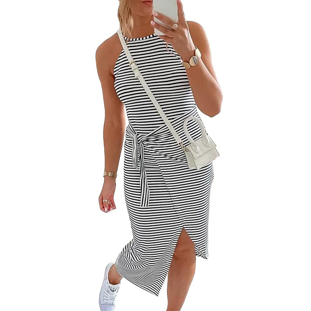 Women's Casual Sleeveless Striped Vest Medium Long Neck Draped Tight Dress