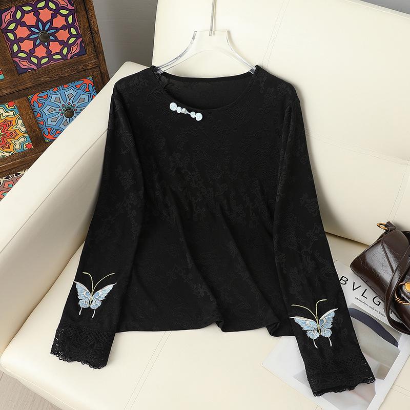 

Elegant Butterfly Embroidered Long Sleeve Round Neck T-shirt 3XL for 130-145 jin чёрный