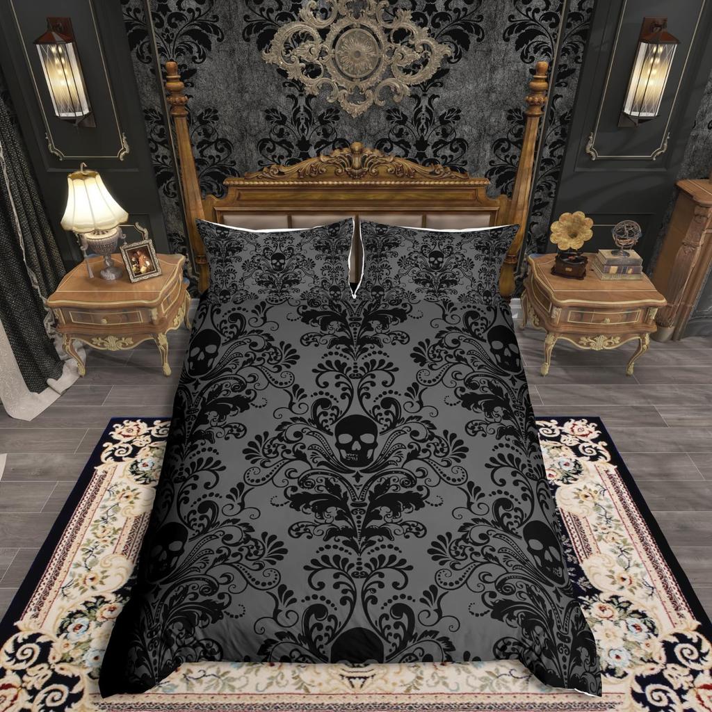 Adults Grey Black Damask Bedding Set Antique Victorian Baroque Duvet Cover Gothic Vintage Floral Bedding Exotic Sugar Skull