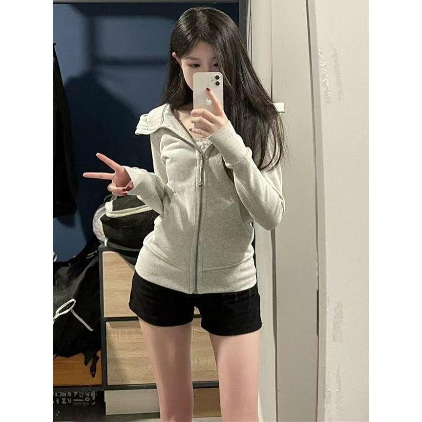 Women's Cotton Blend Fitted Zip-Up Hooded Sweatshirt - Stylish Autumn Cardigan for Yoga & Sports