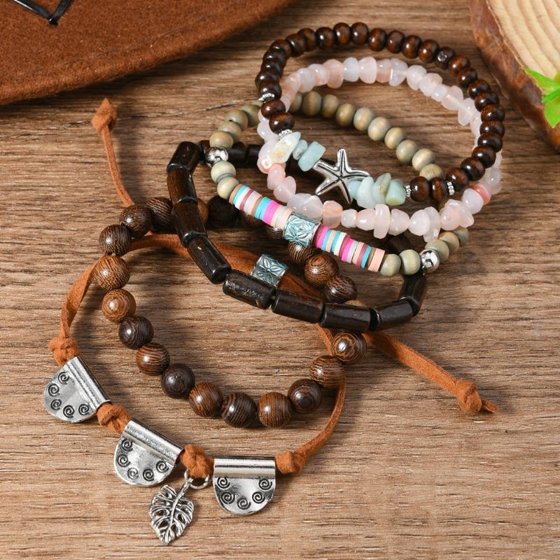 6-teilige neue Holzperlen Armbänder aus Hühnerflügelholz und Kieselsteinen mit weichen Tonperlen für Damen und Herren sind für den täglichen Gebrauch geeignet.