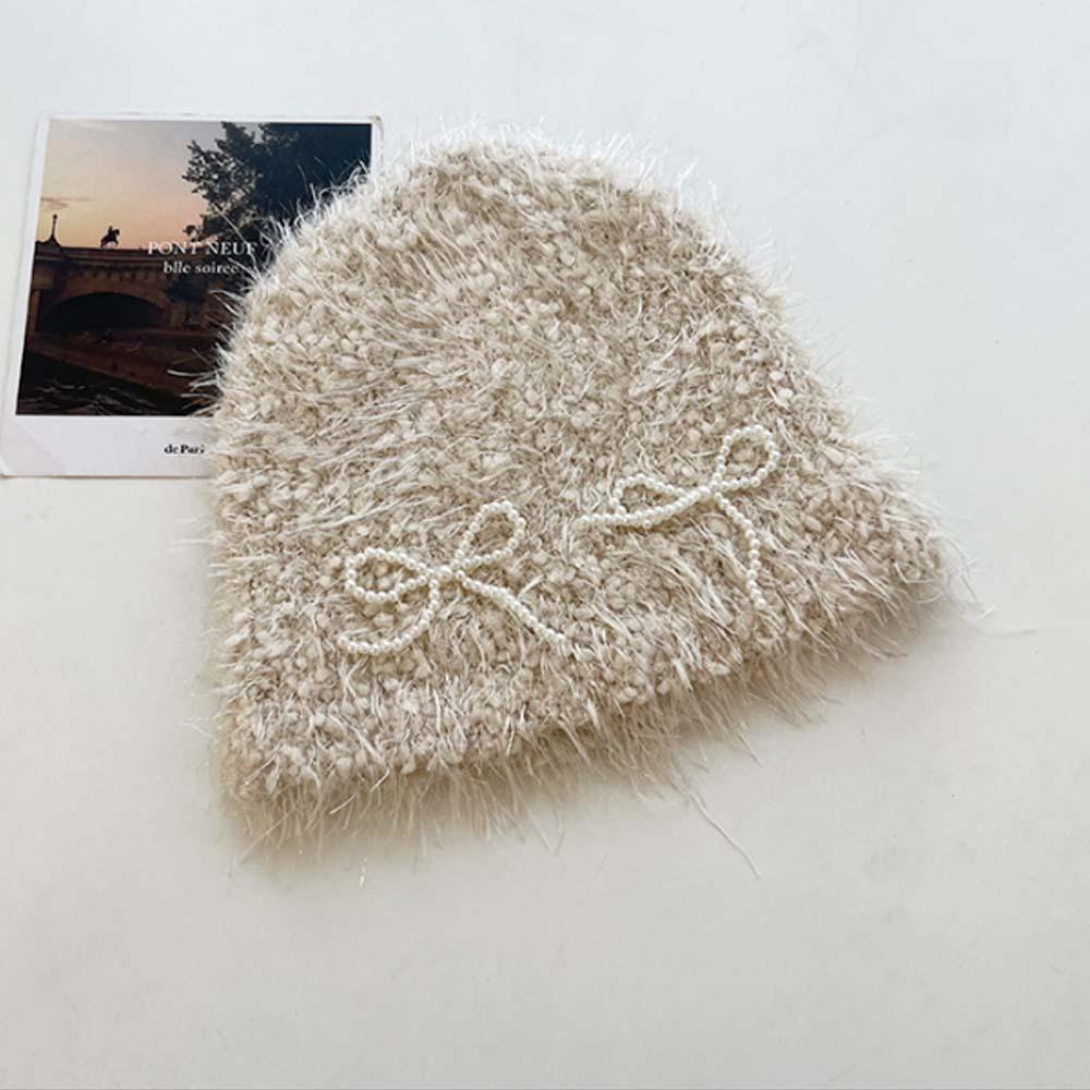 Colorful Knitted Pullover Hat Korean Style Brimless Beanie Cap Fashion Pearls Bow Woolen Hat  Women