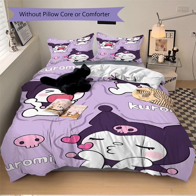 3pcs Kuromi's Playful Adventures Pattern Bedding Three-Piece Set (1 Cover + 2 Pillowcases, No Fillings), Soft and Comfortable S055