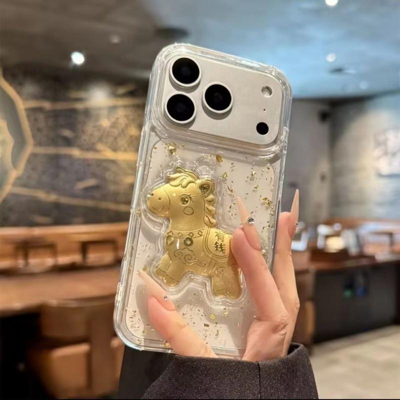 3D Gold Horse Get Rich Sequin Transparent Phone Case For iPhone 17Promax 17Pro 12 13 14 15 16 Pro Max 15 Plus 11 Shockproof Cover