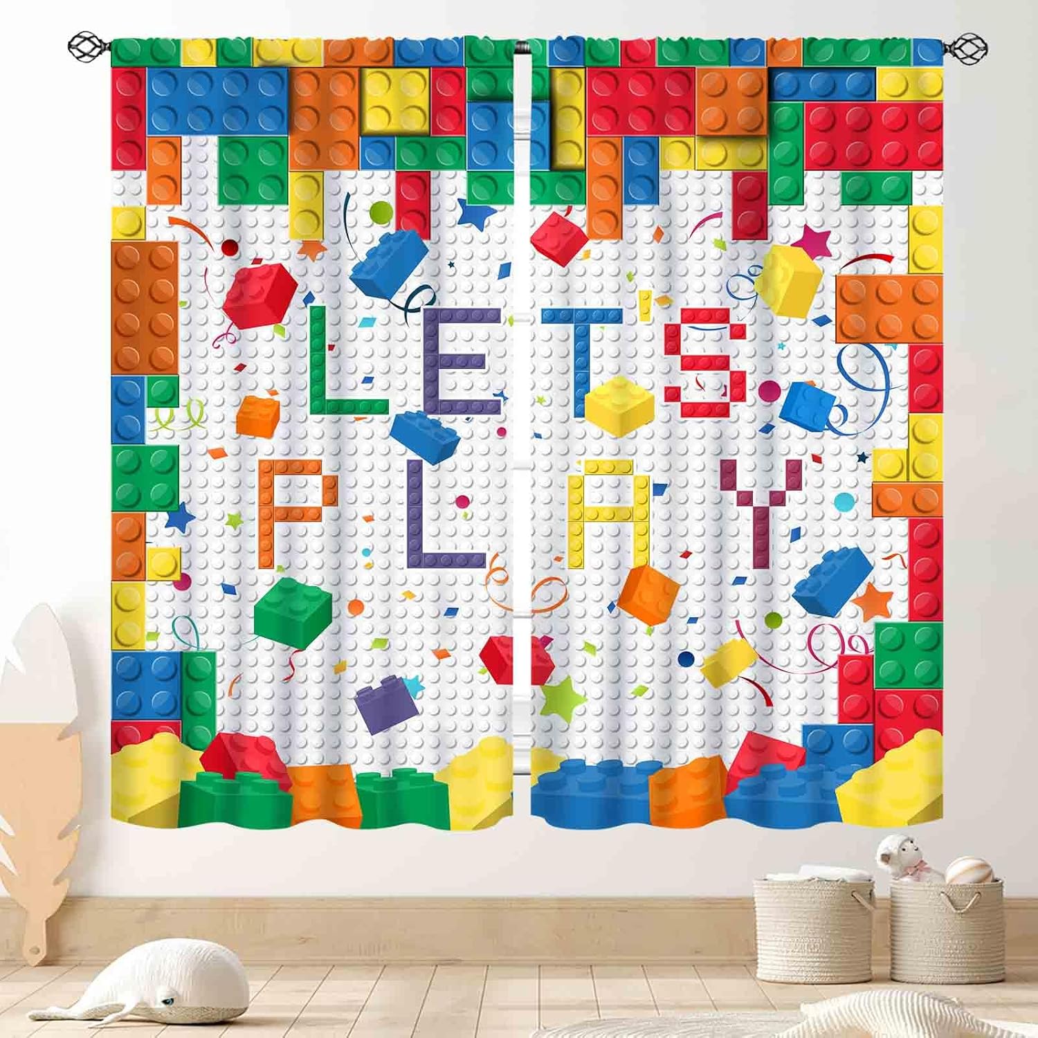 

Kids Boys Curtains For Bedroom,Colorful Building Blocks Toys Plastic Brick Toy Pattern Abstract Contour Printed Blackout Drapes 53x116CM-2PC