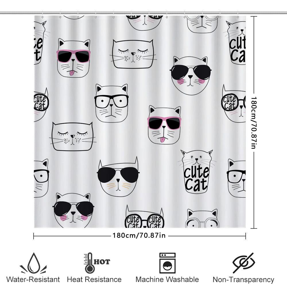 Cute Cat Print Shower Curtain Black White Cartoon Bathroom Decor for Kids Room Water Resistant Fabric, Washable Bath Liner In 24