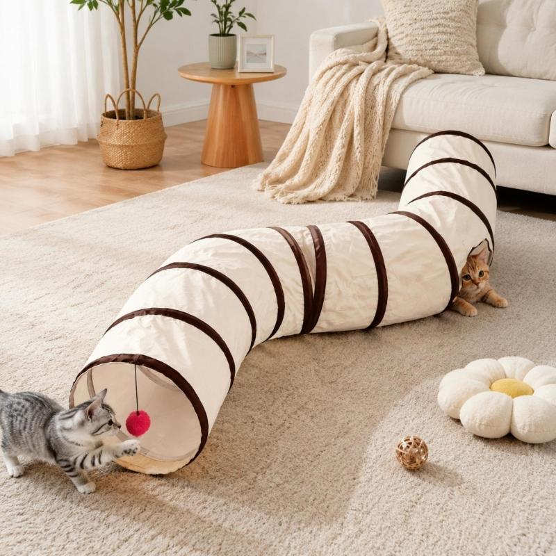 Fabric Tunnel Runner for Small Animals in Rooms, Arched Activity Passage with Suspended Toy Detail for Daily Exercise, Stalking and Rest Time