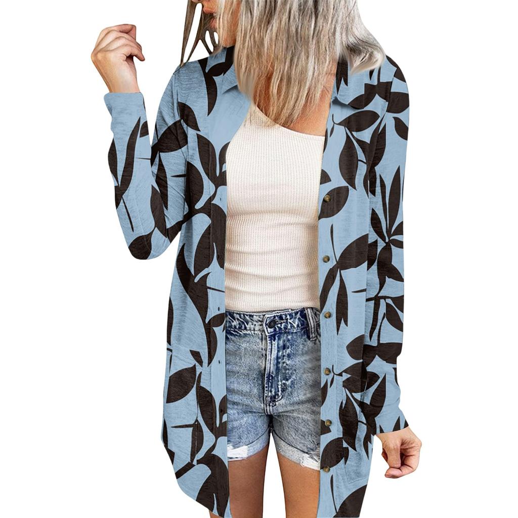 Women's Casual Fashion Floral Print Long Sleeve Mid-Length Cardigan Jacket