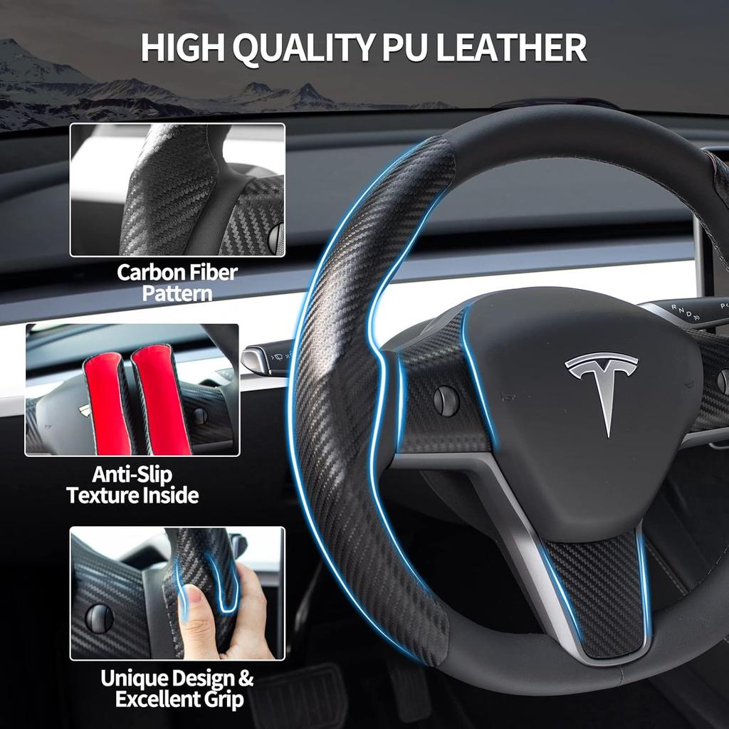 Tesla Model 3/Y Steering Wheel Cover, Carbon Fiber Steering Wheel Wrap Stickers For Tesla Model 3 Model Y 2017-   2024 Interior Accessories, Black